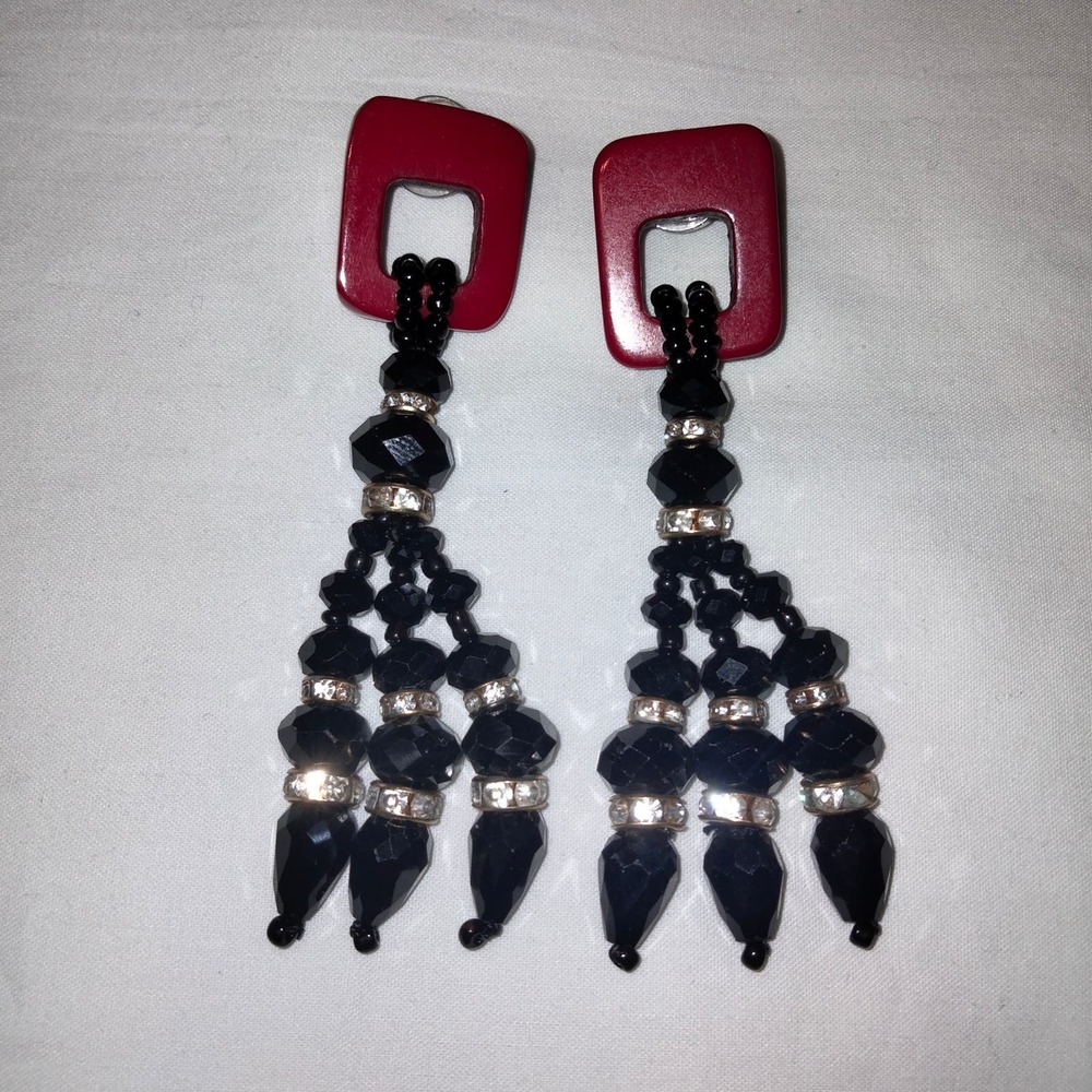 Iris Apfel & Bajalia Black, Red & Clear Rhinestone Tasseled Statement Earrings